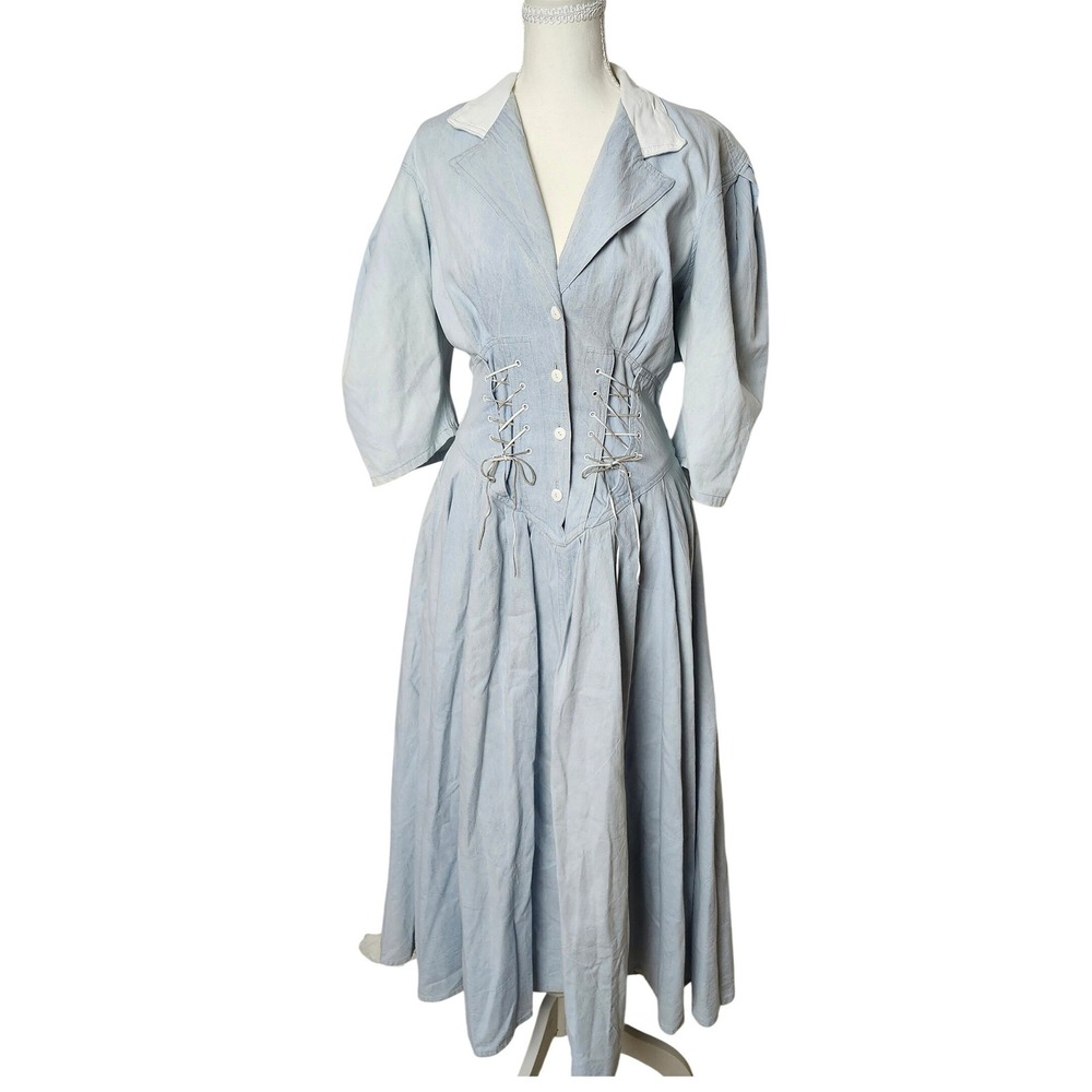 Vintage d. Frank Denim Midi Dress Lace Up Corset Prairie Cottagecore 80s 90s